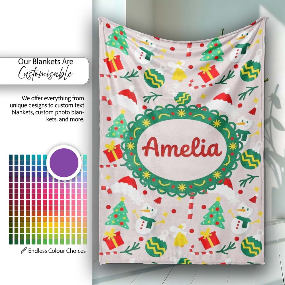 Cute Snowman Tree Candy Cane Ornaments Holiday Seamless Pattern Personalised Custom Name Super Soft Fleece Blanket Bed Sofa Throw