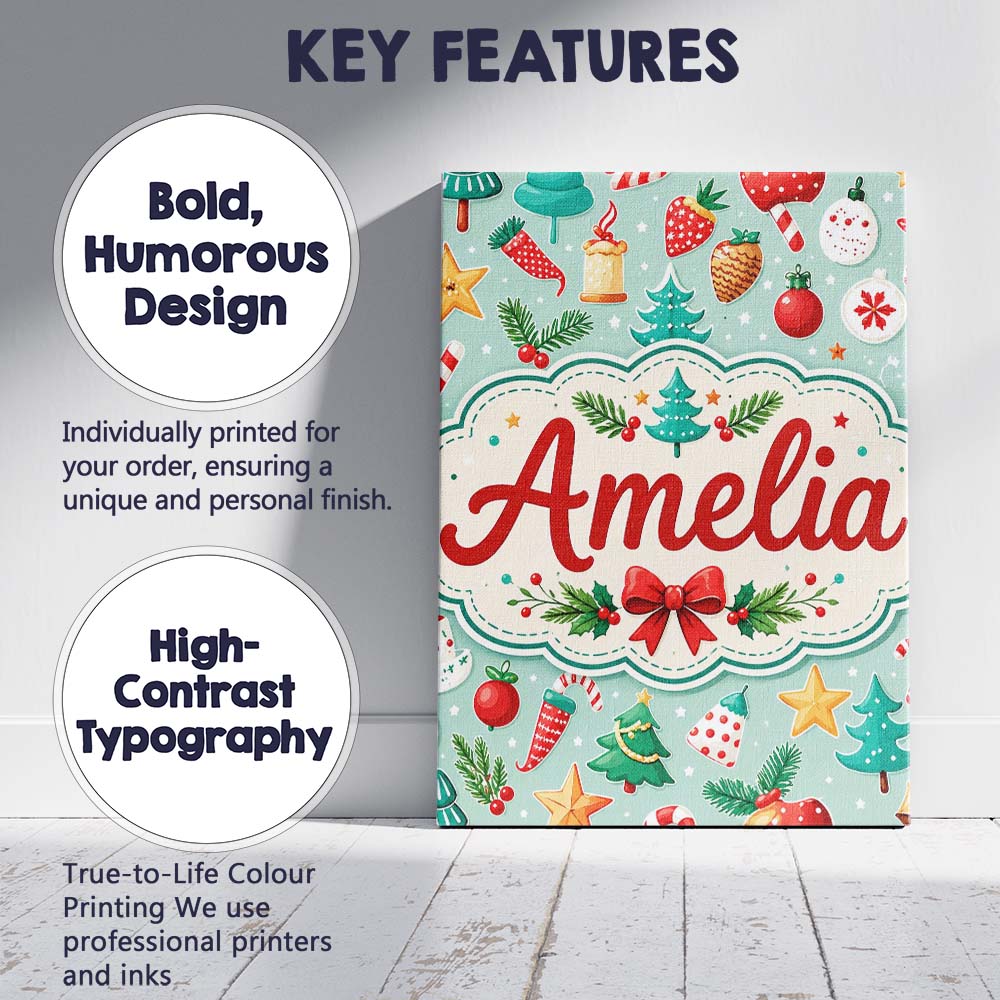 Personalised Name Festive Christmas Trees Custom Unique Gift Idea Elegant Feature Canvas Wall Art Print Decor Picture Ready to Hang