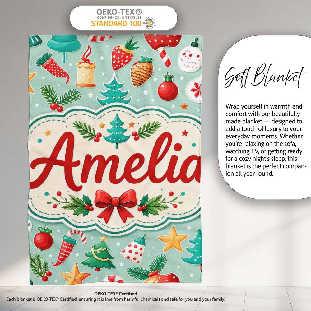 Festive Christmas Trees Ornaments Strawberries Candy Cane Holiday Personalised Custom Name Super Soft Fleece Blanket Bed Sofa Throw