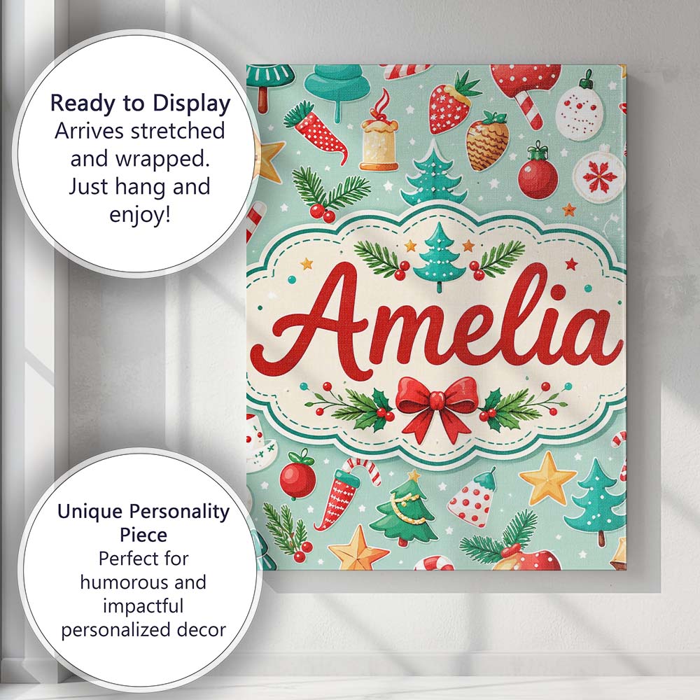Personalised Name Festive Christmas Trees Custom Unique Gift Idea Elegant Feature Canvas Wall Art Print Decor Picture Ready to Hang
