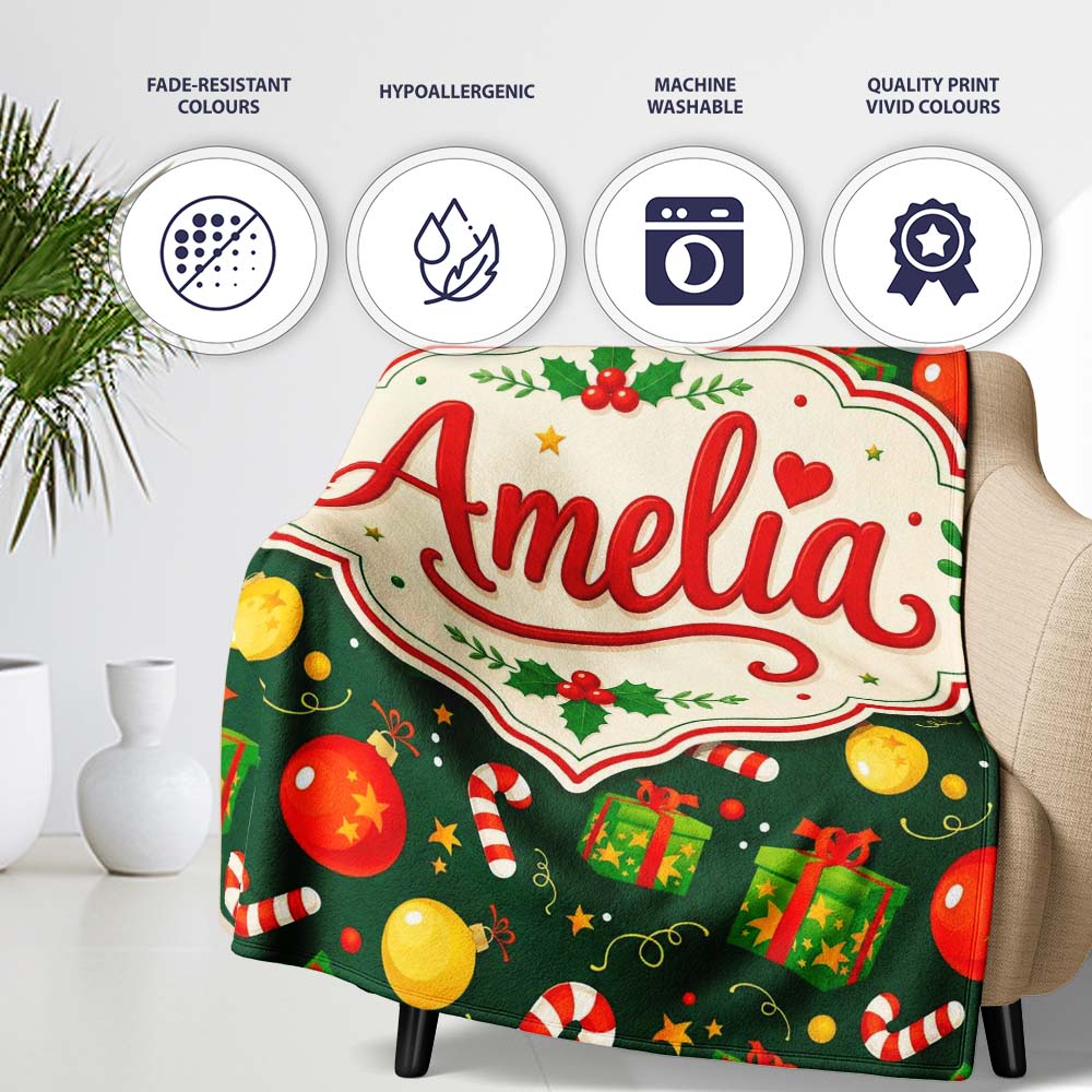 Green Christmas Gifts Baubles Candy Cane Festive Holiday Seamless Personalised Custom Name Super Soft Fleece Blanket Bed Sofa Throw