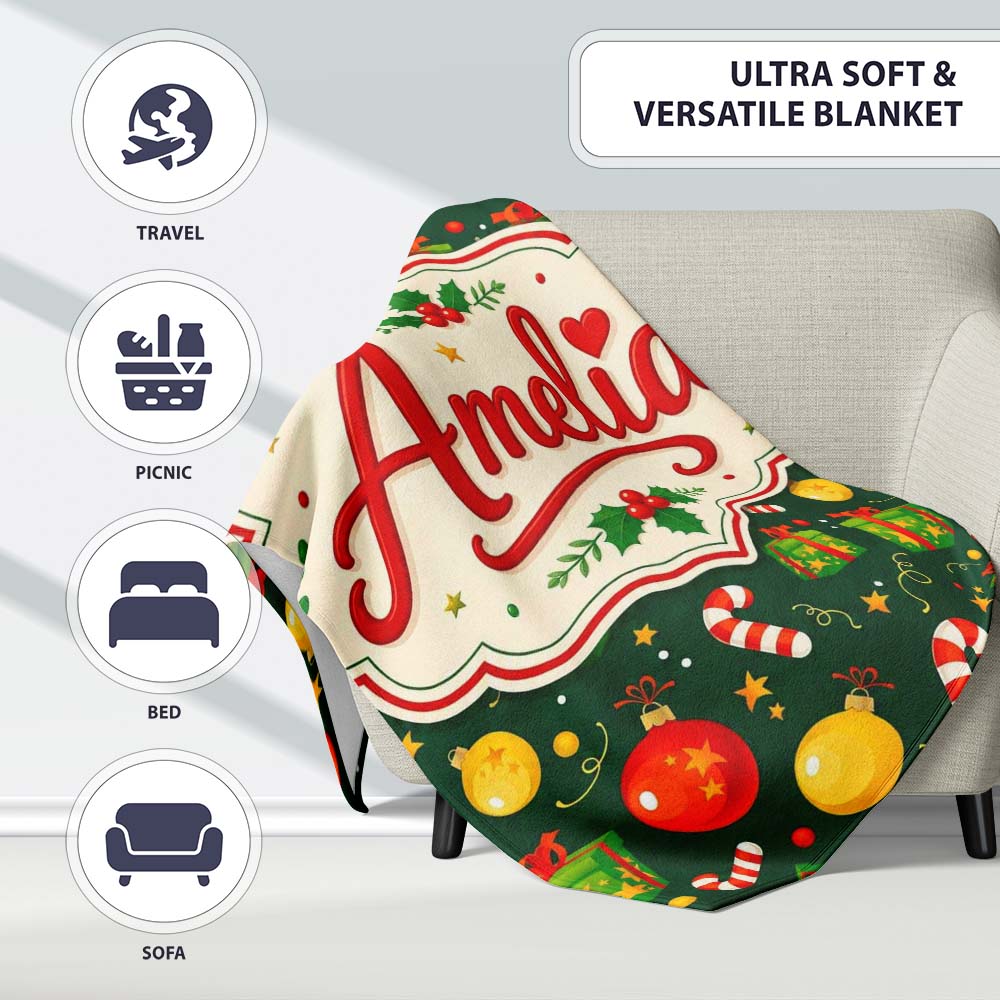 Green Christmas Gifts Baubles Candy Cane Festive Holiday Seamless Personalised Custom Name Super Soft Fleece Blanket Bed Sofa Throw