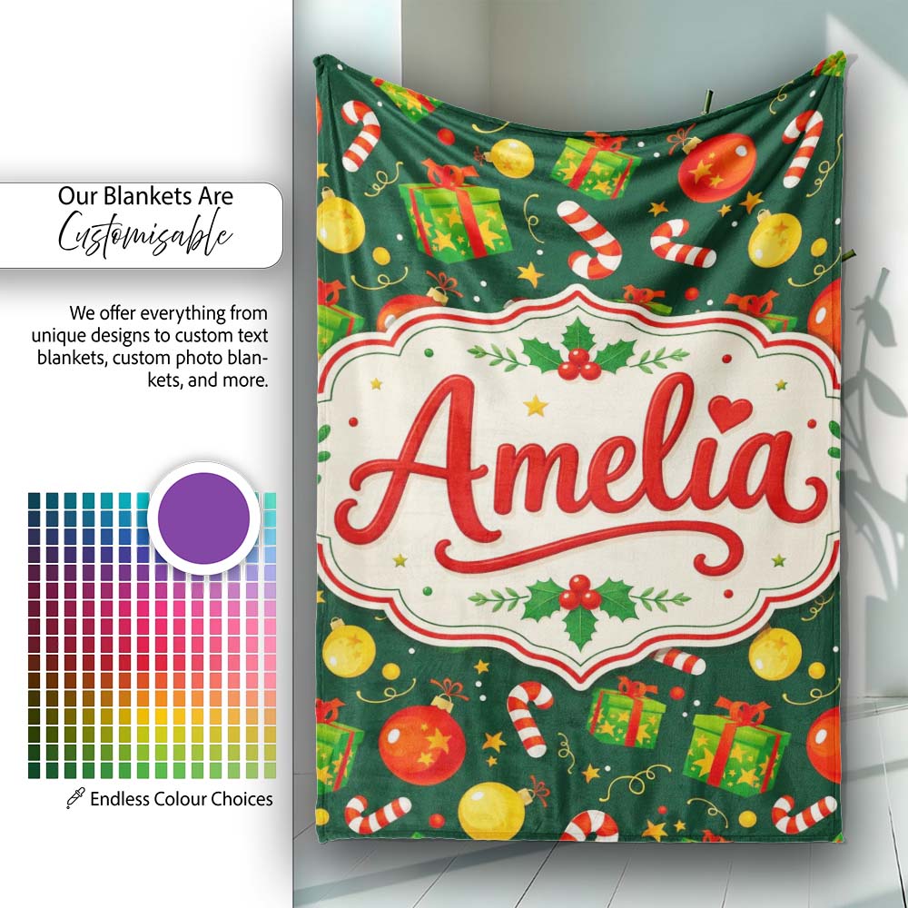 Green Christmas Gifts Baubles Candy Cane Festive Holiday Seamless Personalised Custom Name Super Soft Fleece Blanket Bed Sofa Throw