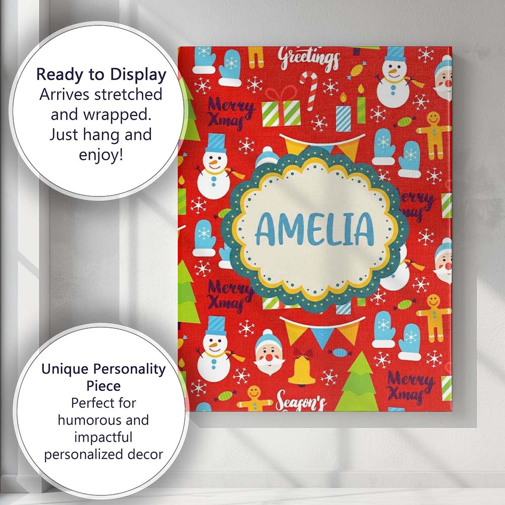 Personalised Name Merry Xmas Greetings Custom Modern Room Accent Elegant Feature Canvas Wall Art Print Decor Picture Ready to Hang