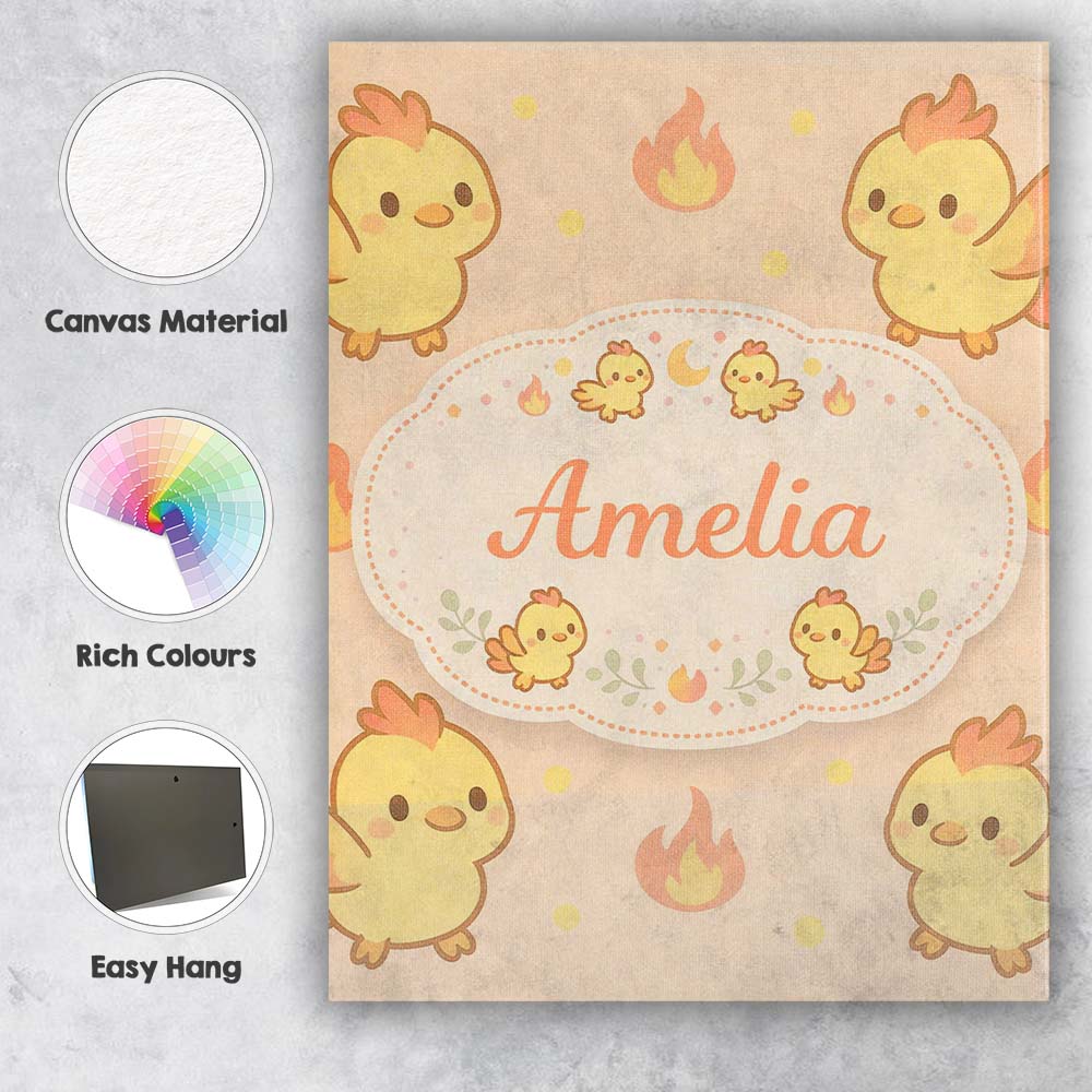 Personalised Name Cute Fire Chick Cartoon Animal Pattern Perfect Custom Interior Canvas Wall Art Print Decor Picture Ready to Hang