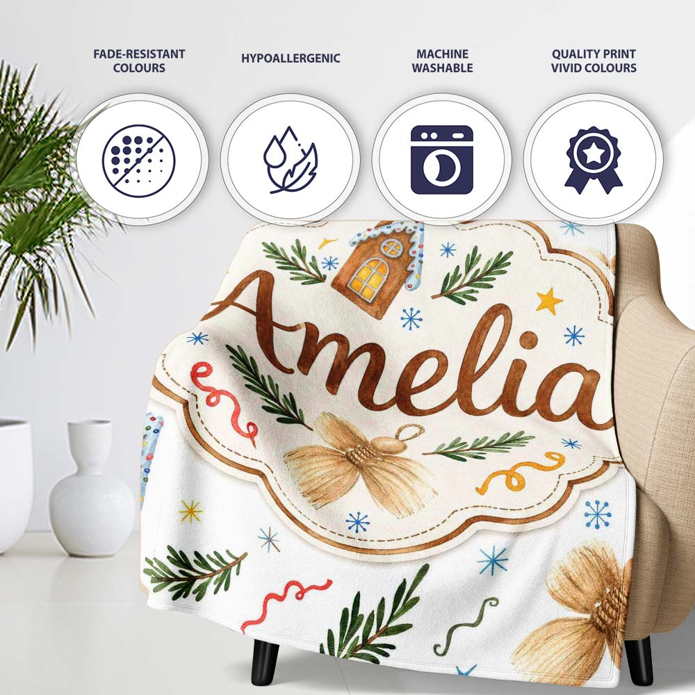 Watercolor Rustic Christmas House Tree Angel Ornament Seamless Personalised Custom Name Super Soft Fleece Blanket Bed Sofa Throw