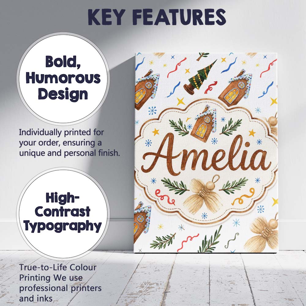 Personalised Name Watercolor Rustic Christmas Custom Unique Gift Idea Modern Room Accent Canvas Wall Art Print Decor Picture Ready to Hang