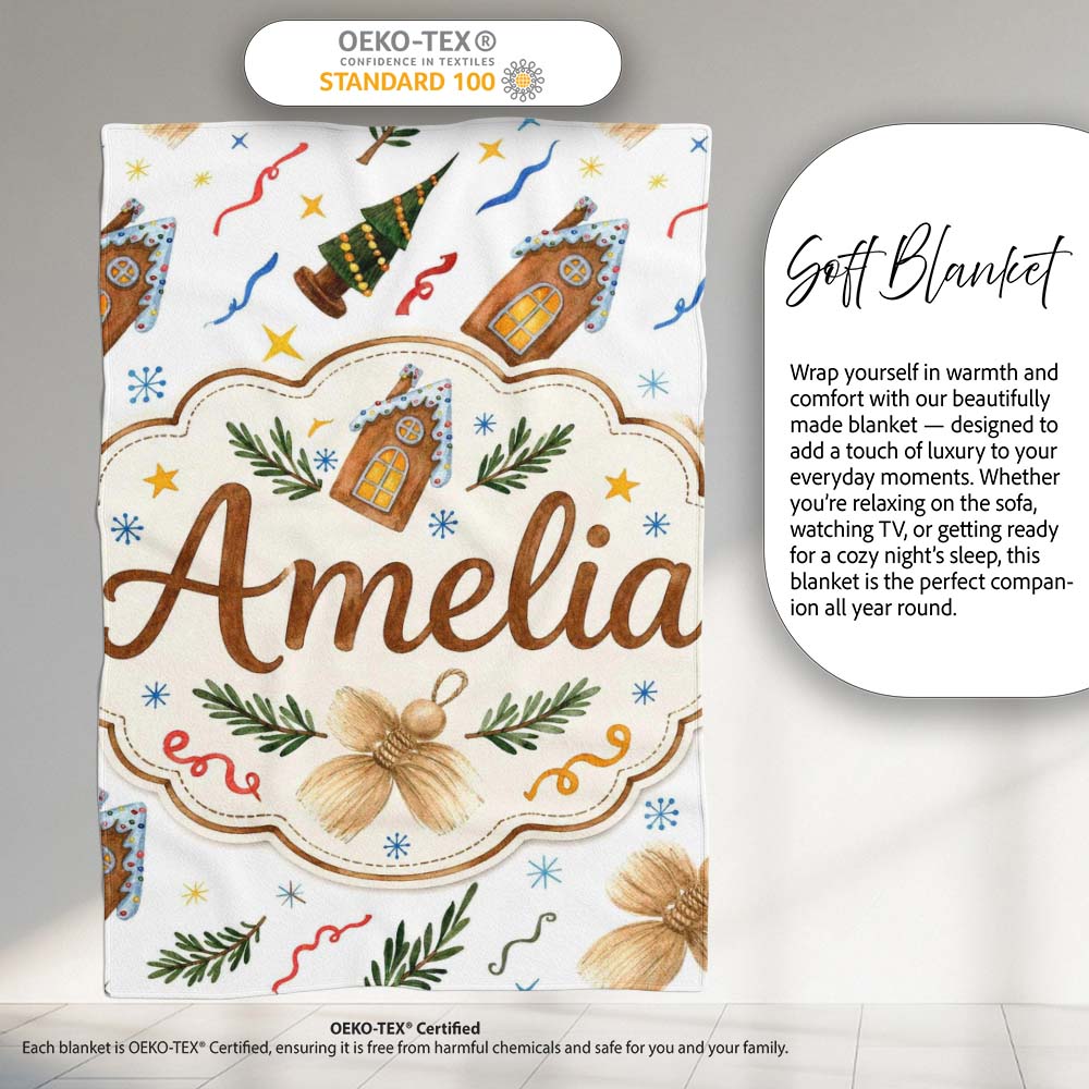 Watercolor Rustic Christmas House Tree Angel Ornament Seamless Personalised Custom Name Super Soft Fleece Blanket Bed Sofa Throw