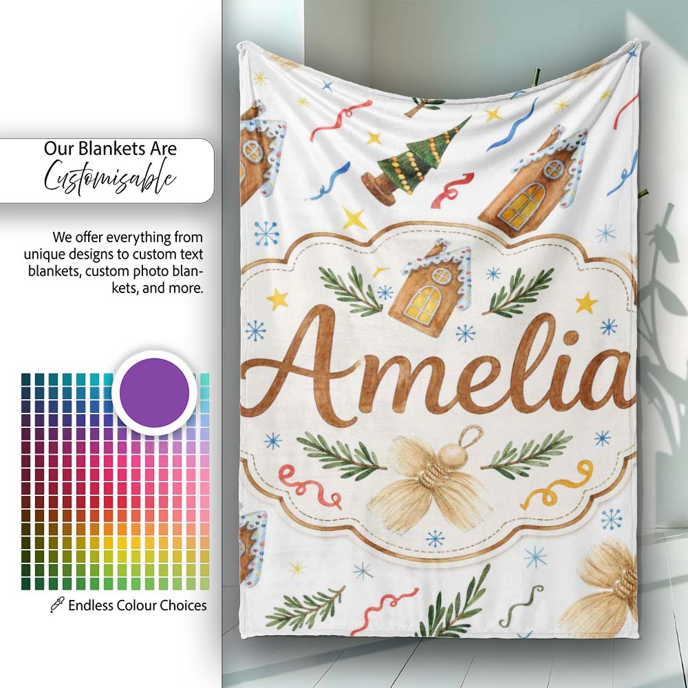 Watercolor Rustic Christmas House Tree Angel Ornament Seamless Personalised Custom Name Super Soft Fleece Blanket Bed Sofa Throw