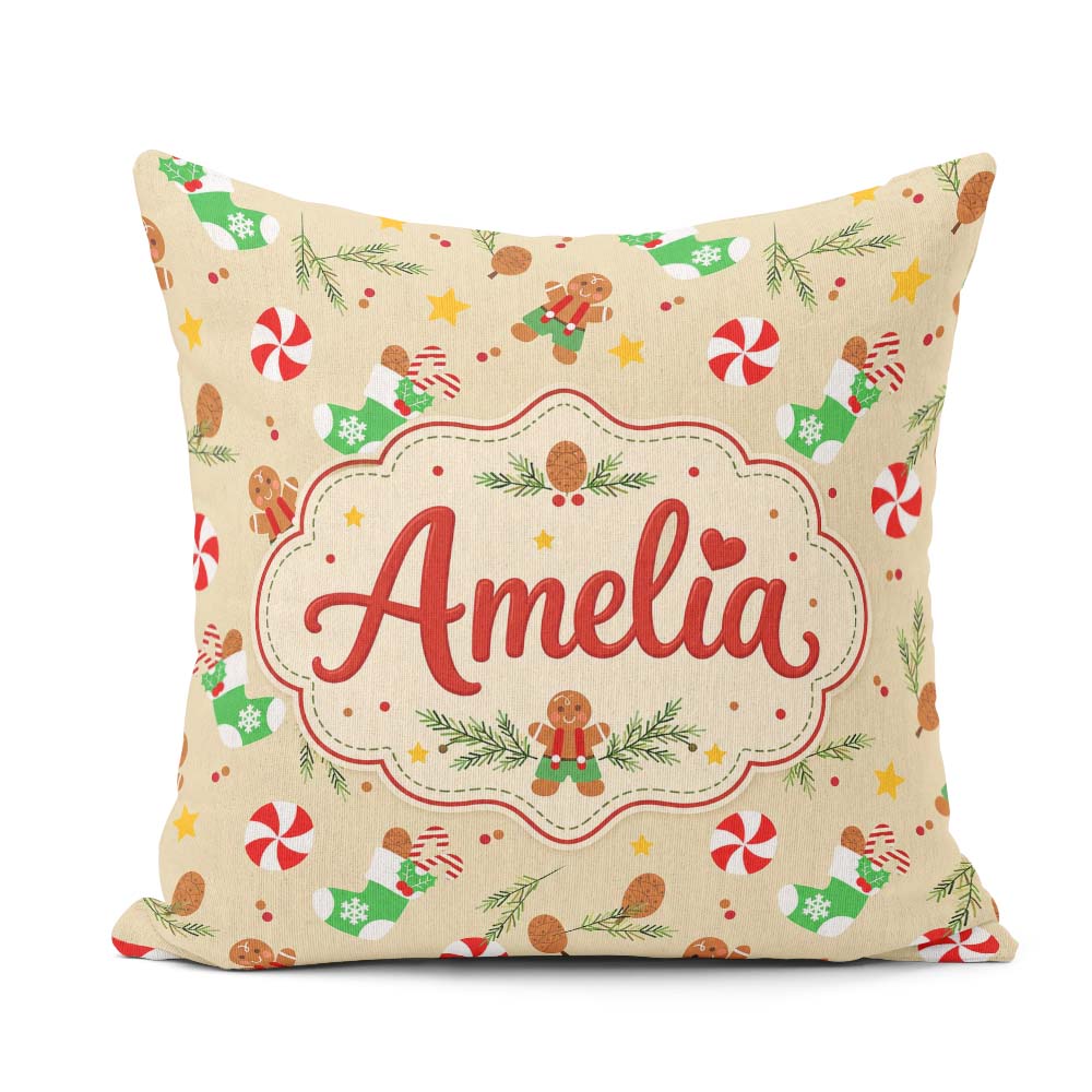 Custom Name Gingerbread Cookies Candy Cane Socks Branch Seamless Square Filled Cushion Throw Pillow Sofa Bed Home Decor Zip Washable UK Made