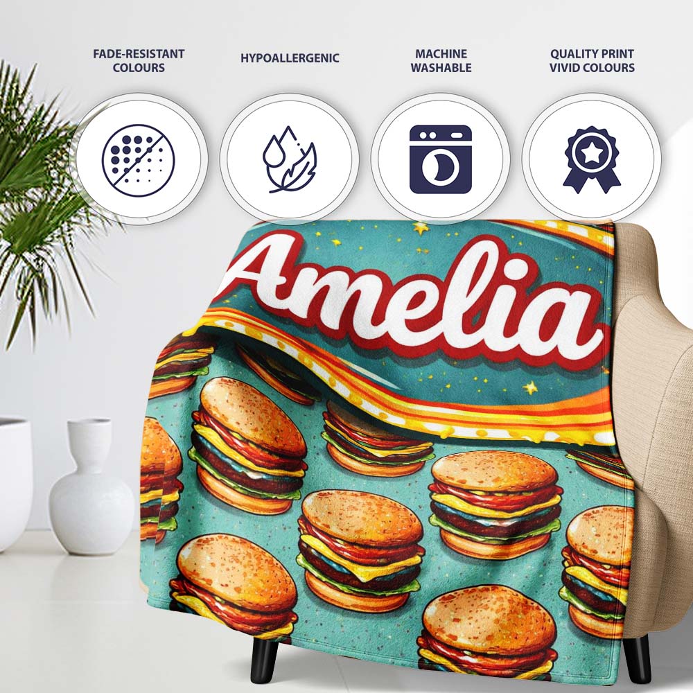 Cute Flat Burger Seamless Pattern Teal Background Fast Food Design Personalised Custom Name Super Soft Fleece Blanket Bed Sofa Throw