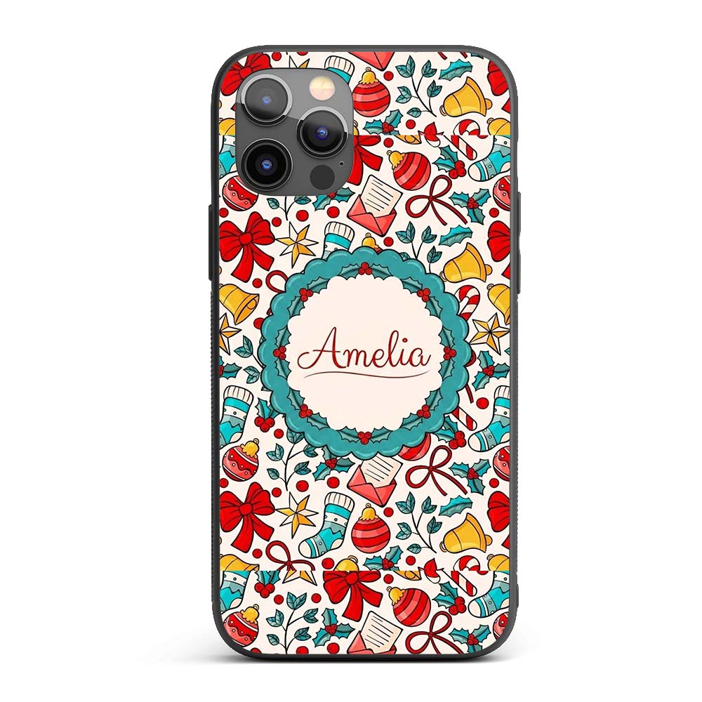 Holiday Bells Bows Stockings Candy Cane Christmas Custom Name Protective Phone Case Mobile Cover Durable Everyday Smartphone Shock Resistant