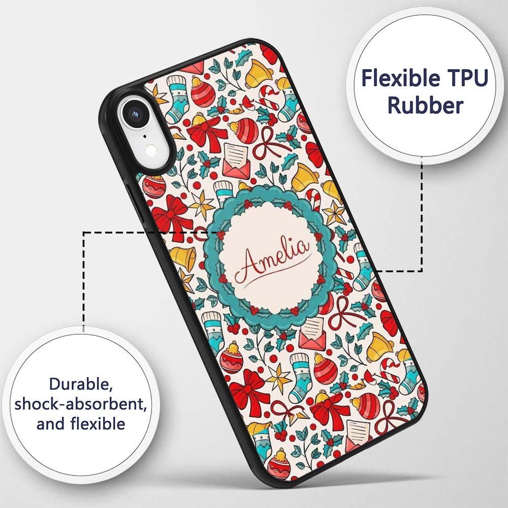 Holiday Bells Bows Stockings Candy Cane Christmas Custom Name Protective Phone Case Mobile Cover Durable Everyday Smartphone Shock Resistant