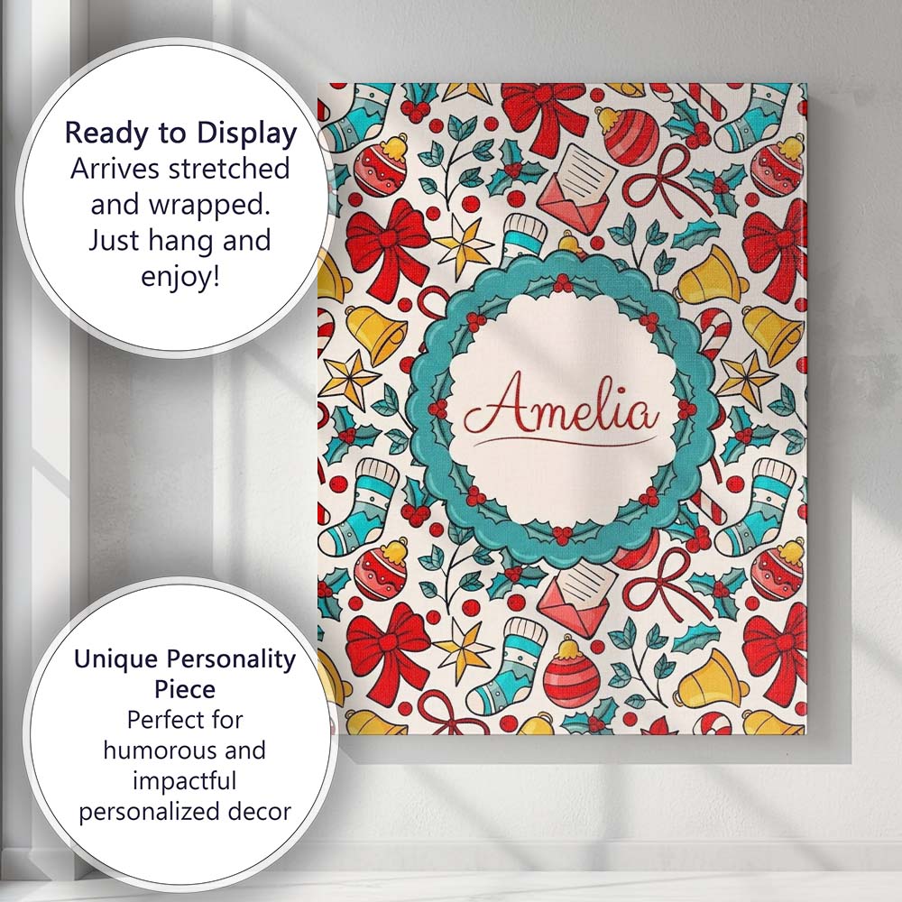 Personalised Name Holiday Bells Bows Custom Premium Decorative Design Modern Room Accent Canvas Wall Art Print Decor Picture Ready to Hang