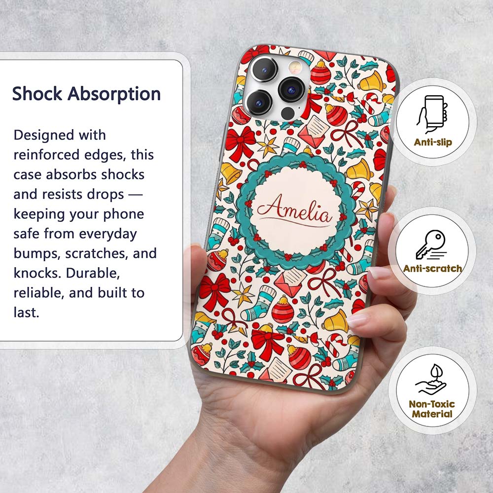 Holiday Bells Bows Stockings Candy Cane Christmas Custom Name Protective Phone Case Mobile Cover Durable Everyday Smartphone Shock Resistant