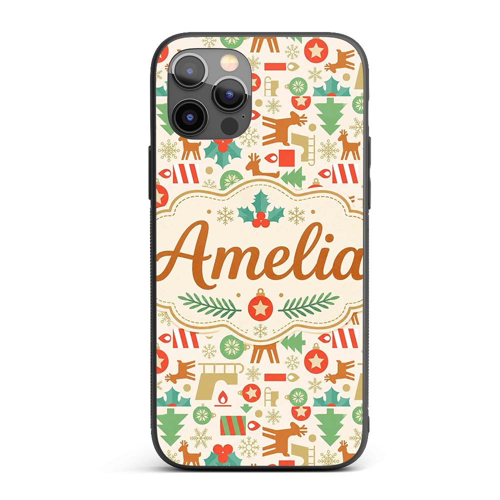Scandinavian Reindeer Trees Ornaments Christmas Custom Name Protective Phone Case Mobile Cover Durable Everyday Smartphone Shock Resistant