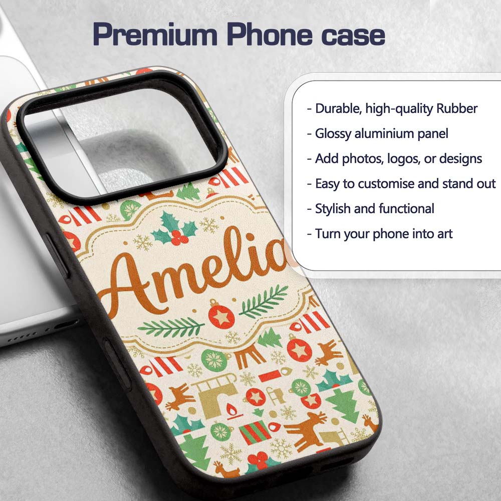 Scandinavian Reindeer Trees Ornaments Christmas Custom Name Protective Phone Case Mobile Cover Durable Everyday Smartphone Shock Resistant