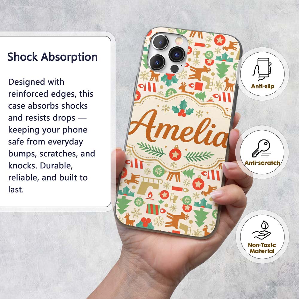 Scandinavian Reindeer Trees Ornaments Christmas Custom Name Protective Phone Case Mobile Cover Durable Everyday Smartphone Shock Resistant