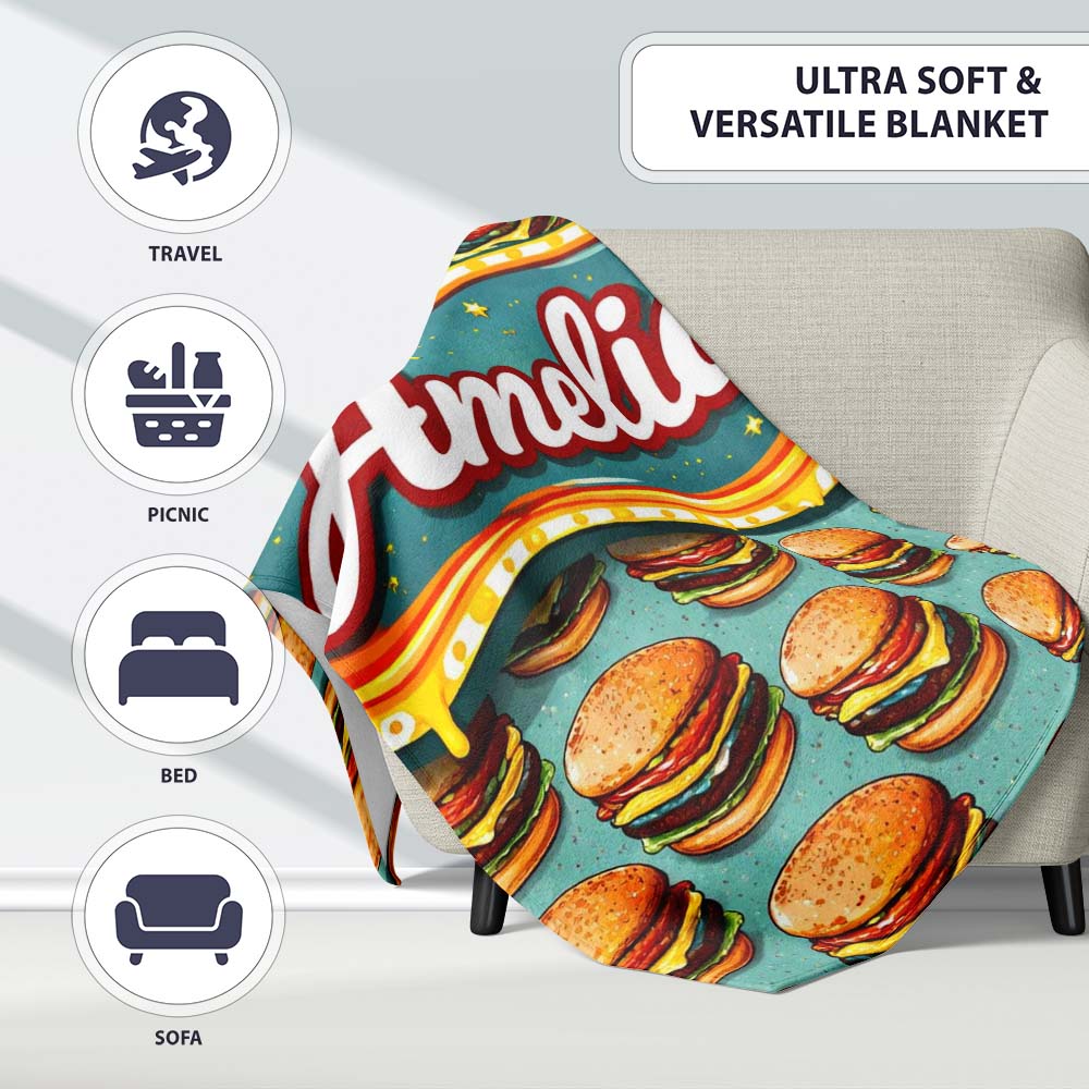 Cute Flat Burger Seamless Pattern Teal Background Fast Food Design Personalised Custom Name Super Soft Fleece Blanket Bed Sofa Throw