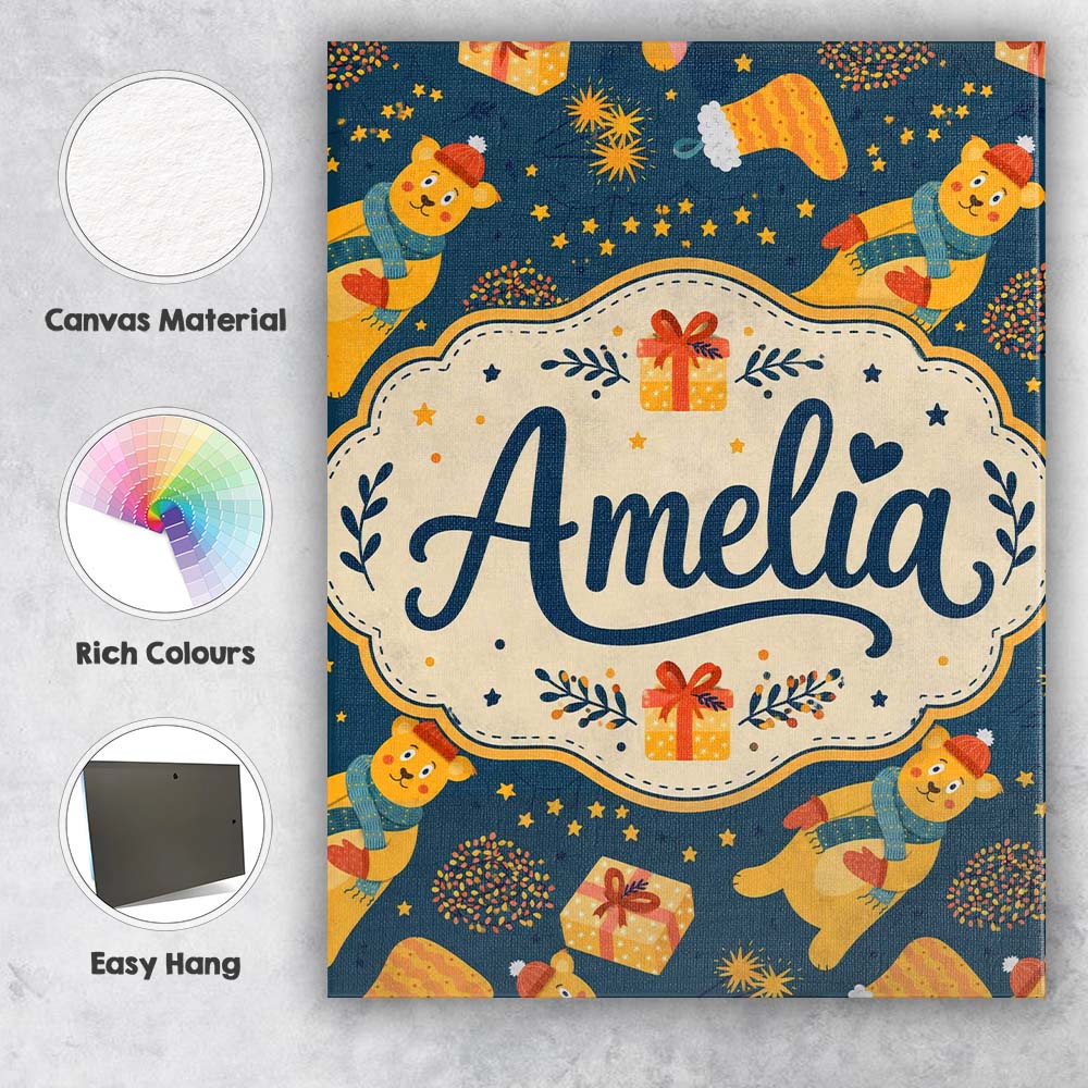 Personalised Name Cute Winter Bears Gifts Custom Unique Gift Idea Elegant Feature Canvas Wall Art Print Decor Picture Ready to Hang