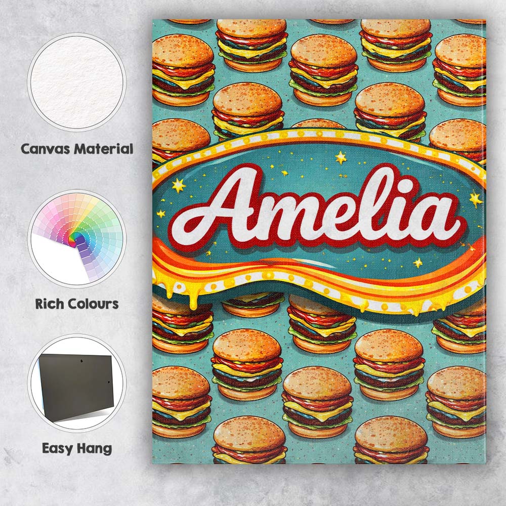 Personalised Name Cute Flat Burger Seamless Pattern Teal Background Custom Canvas Wall Art Print Decor Picture Ready to Hang