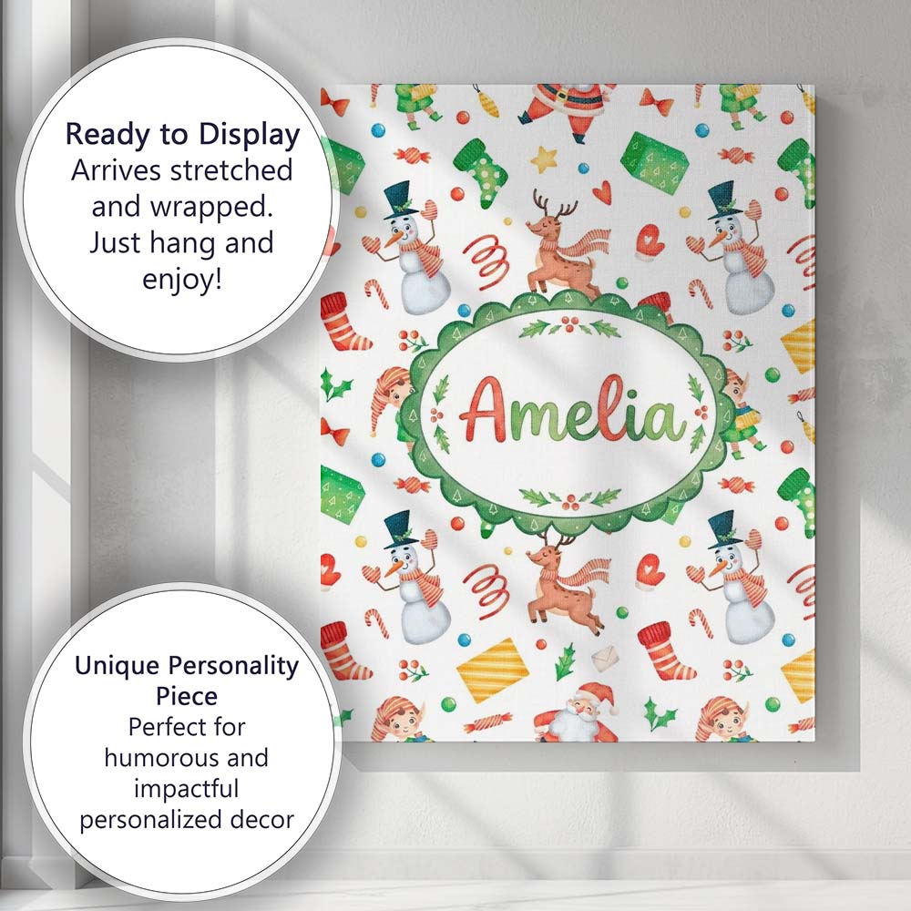 Personalised Name Cute Santa Snowman Custom Premium Decorative Design Modern Room Accent Canvas Wall Art Print Decor Picture Ready to Hang