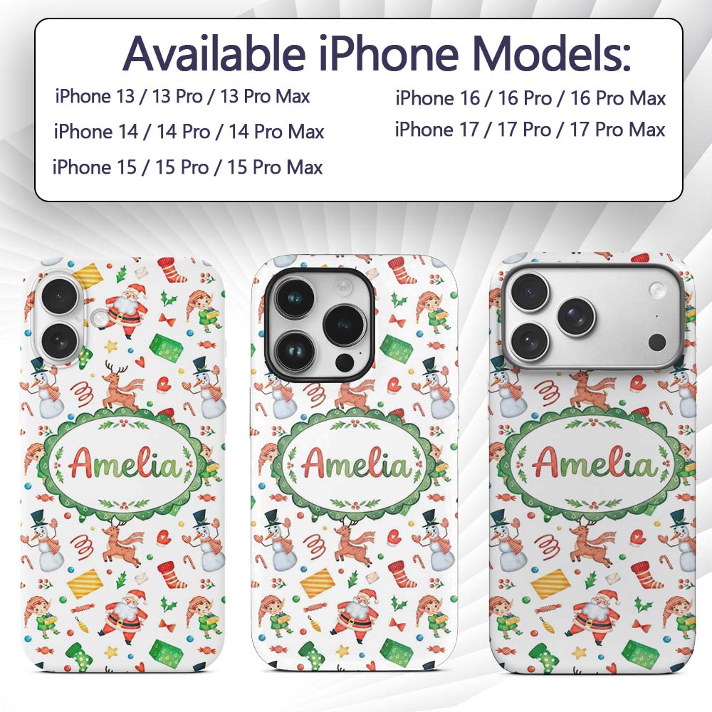 Cute Santa Snowman Reindeer Elf Christmas Holiday Custom Name Protective Phone Case Mobile Cover Durable Everyday Smartphone Shock Resistant