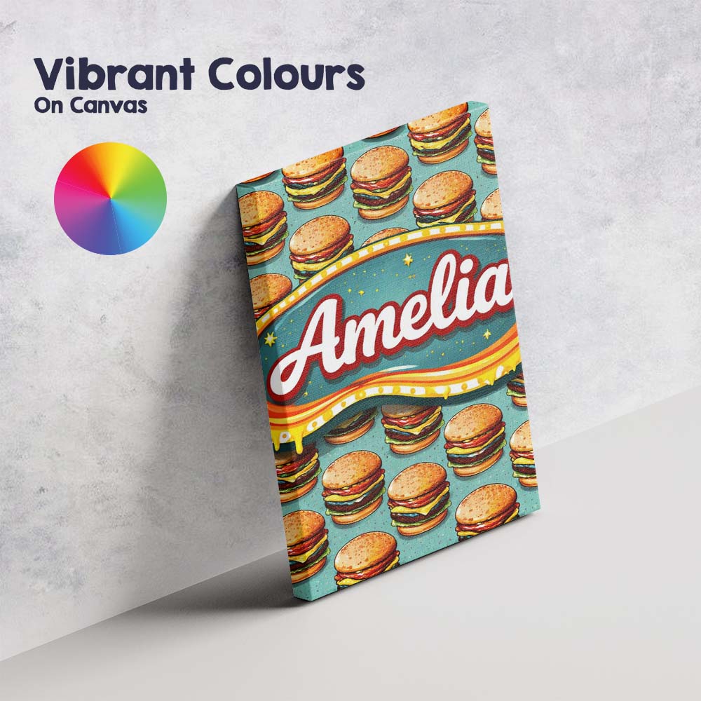 Personalised Name Cute Flat Burger Seamless Pattern Teal Background Custom Canvas Wall Art Print Decor Picture Ready to Hang