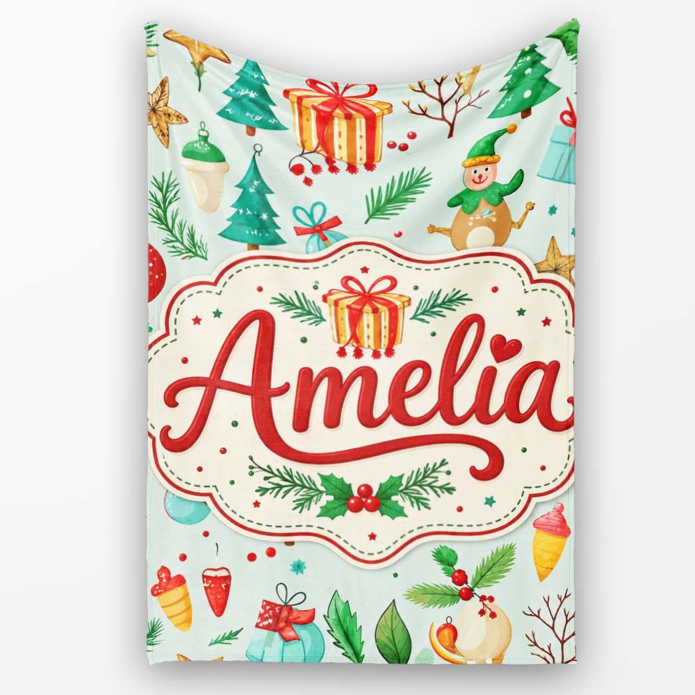 Festive Christmas Ornaments Trees Gifts Holiday Elements Seamless Personalised Custom Name Super Soft Fleece Blanket Bed Sofa Throw