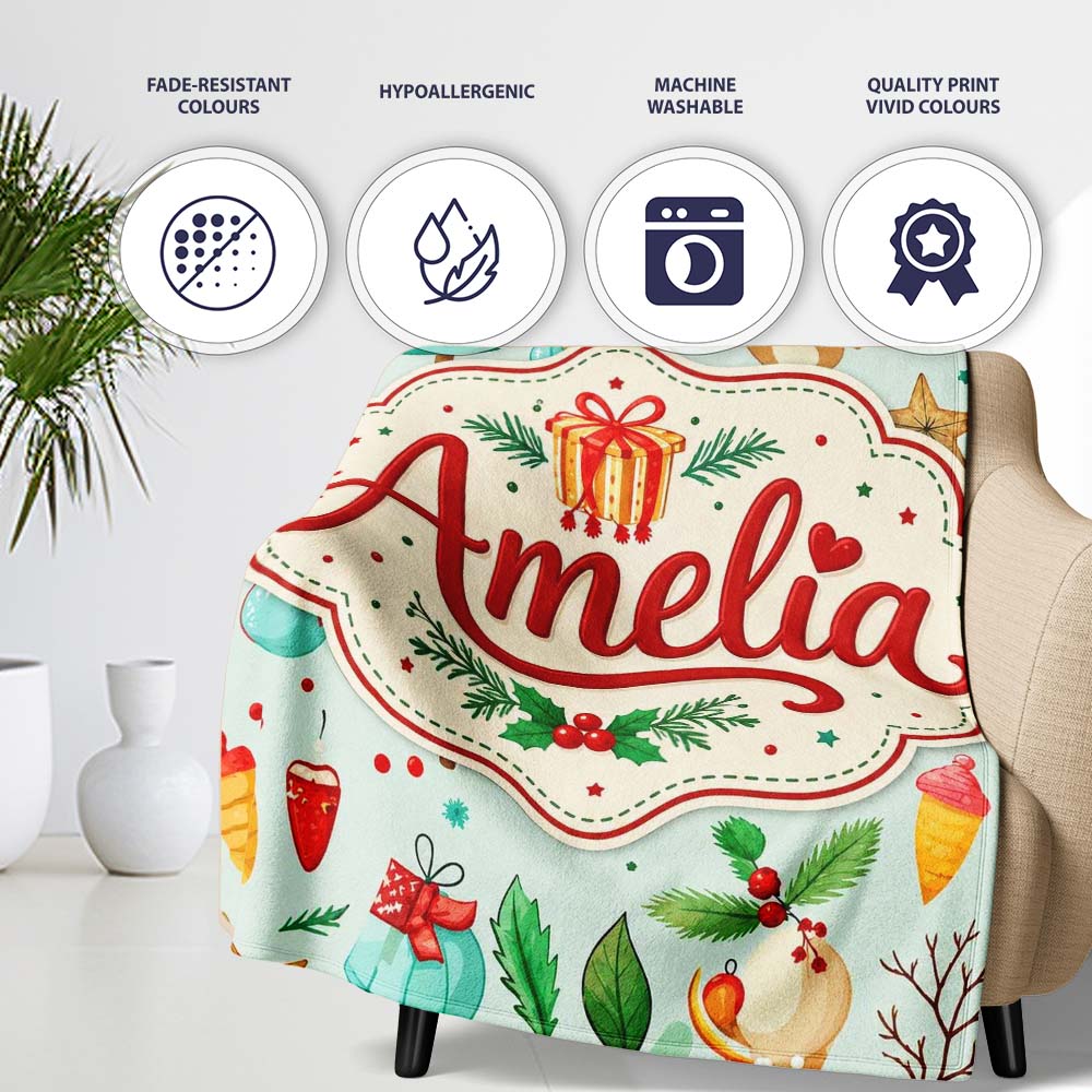Festive Christmas Ornaments Trees Gifts Holiday Elements Seamless Personalised Custom Name Super Soft Fleece Blanket Bed Sofa Throw
