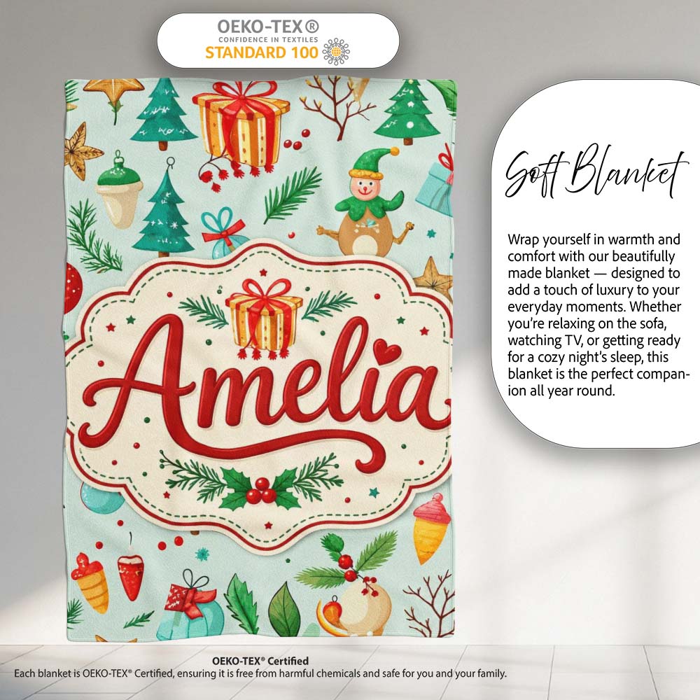 Festive Christmas Ornaments Trees Gifts Holiday Elements Seamless Personalised Custom Name Super Soft Fleece Blanket Bed Sofa Throw