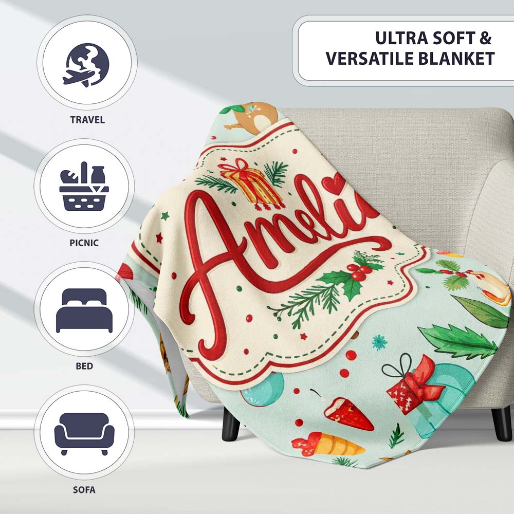 Festive Christmas Ornaments Trees Gifts Holiday Elements Seamless Personalised Custom Name Super Soft Fleece Blanket Bed Sofa Throw