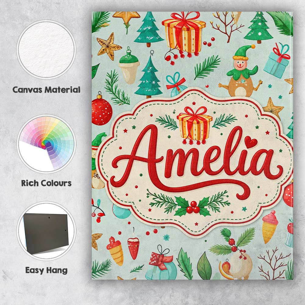 Personalised Name Festive Christmas Ornaments Custom Unique Gift Idea Modern Room Accent Canvas Wall Art Print Decor Picture Ready to Hang