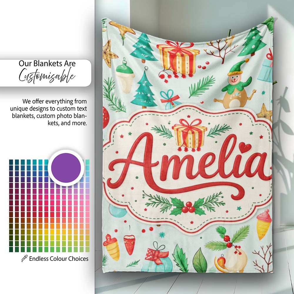 Festive Christmas Ornaments Trees Gifts Holiday Elements Seamless Personalised Custom Name Super Soft Fleece Blanket Bed Sofa Throw