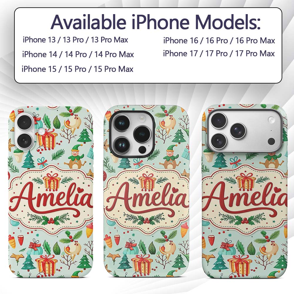 Festive Christmas Ornaments Trees Gifts Holiday Custom Name Protective Phone Case Mobile Cover Durable Everyday Smartphone Shock Resistant