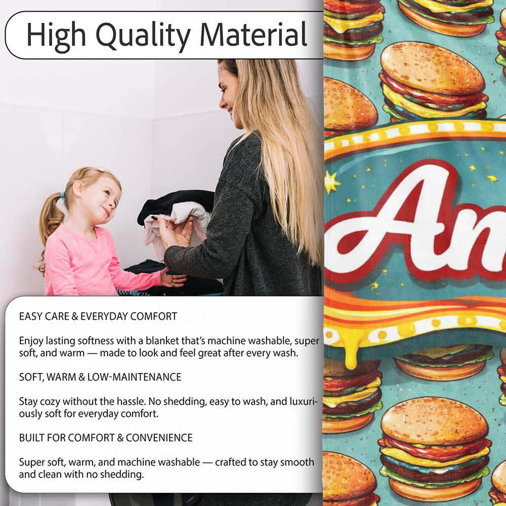 Cute Flat Burger Seamless Pattern Teal Background Fast Food Design Personalised Custom Name Super Soft Fleece Blanket Bed Sofa Throw