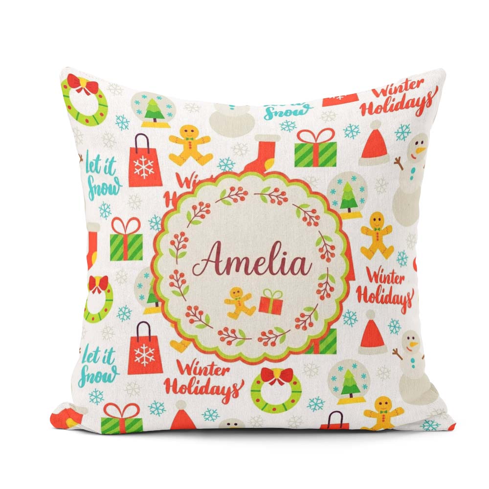 Custom Name Winter Holidays Snowman Gifts Festive Text Seamless Square Filled Cushion Throw Pillow Sofa Bed Home Decor Zip Washable UK Made