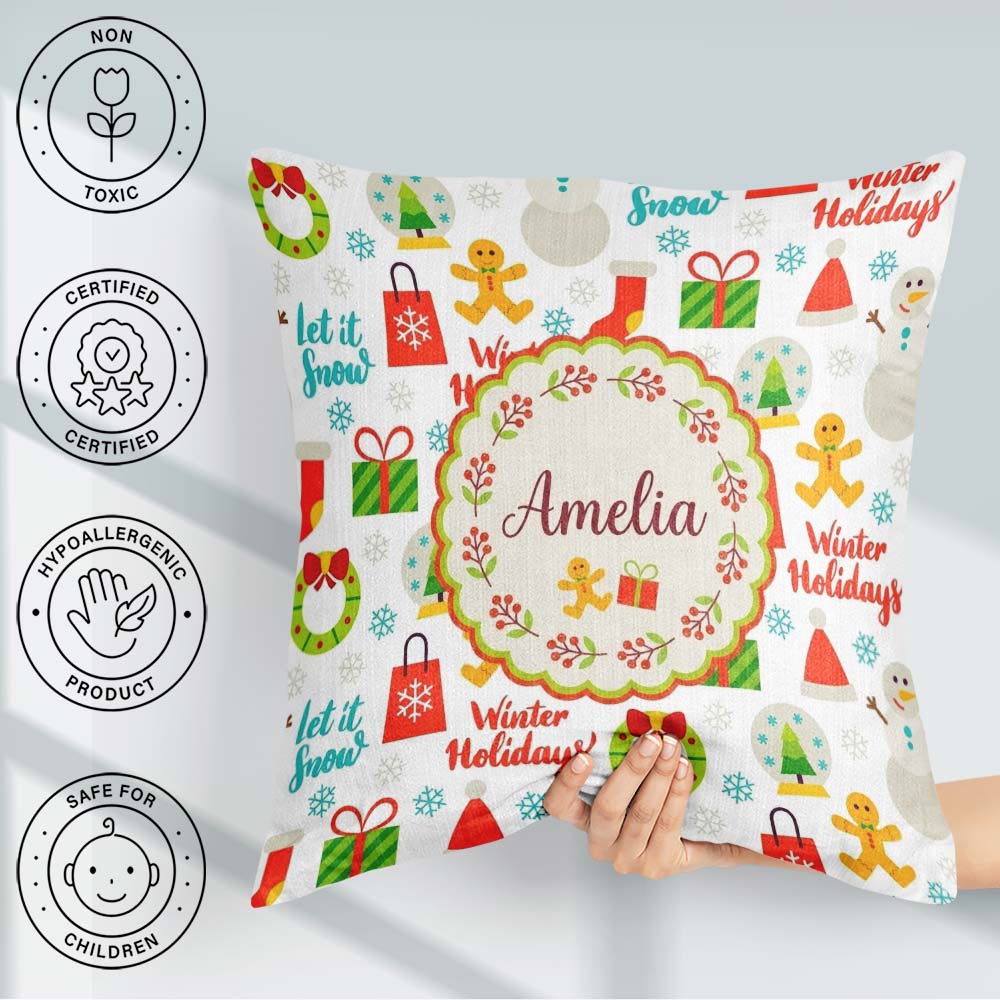 Custom Name Winter Holidays Snowman Gifts Festive Text Seamless Square Filled Cushion Throw Pillow Sofa Bed Home Decor Zip Washable UK Made