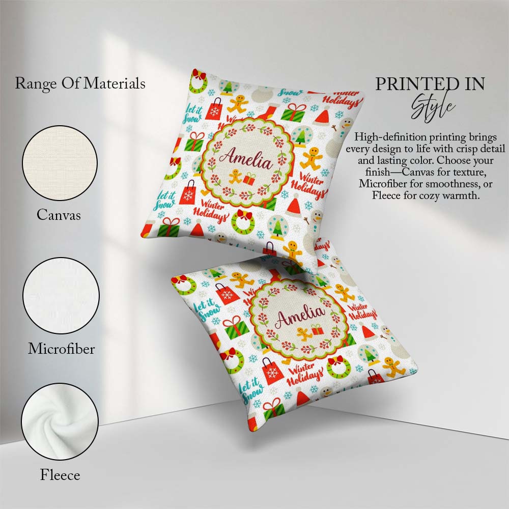 Custom Name Winter Holidays Snowman Gifts Festive Text Seamless Square Filled Cushion Throw Pillow Sofa Bed Home Decor Zip Washable UK Made