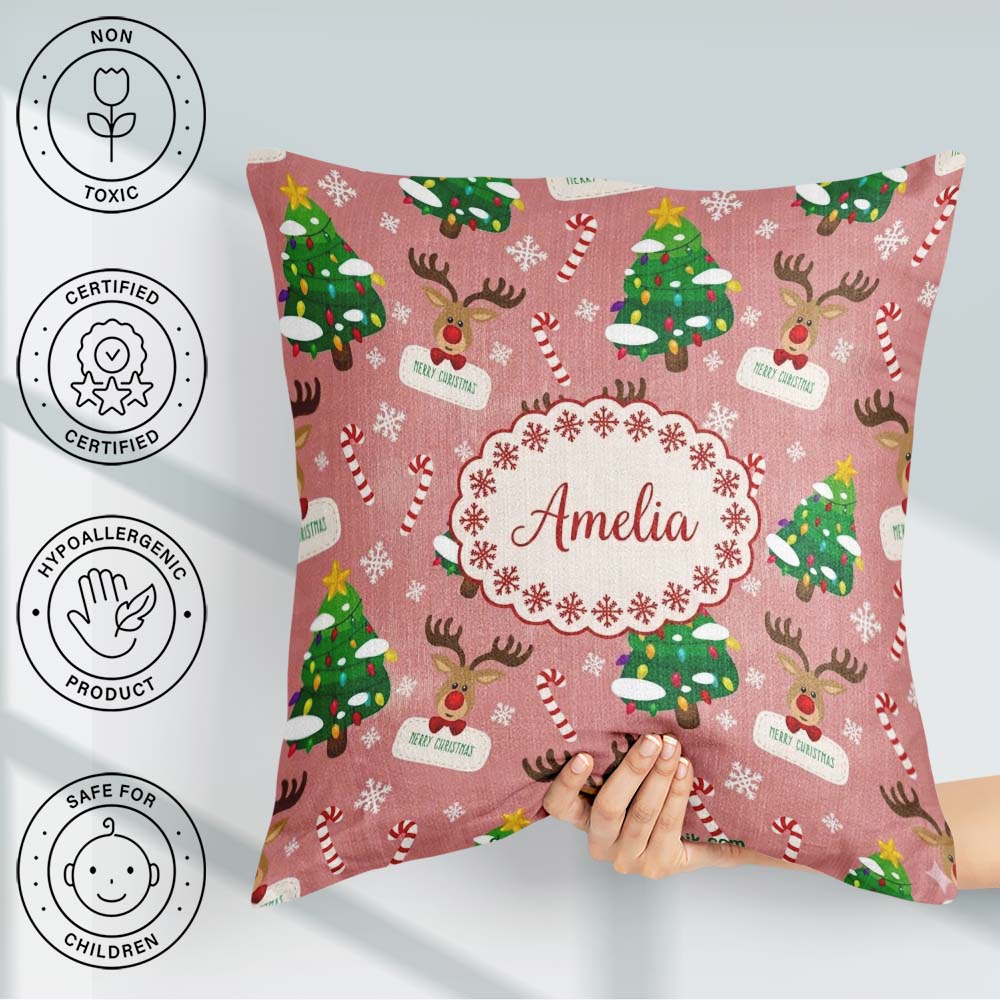 Custom Name Cute Reindeer Tree Candy Cane Merry Holiday Seamless Square Filled Cushion Throw Pillow Sofa Bed Home Decor Zip Washable UK Made