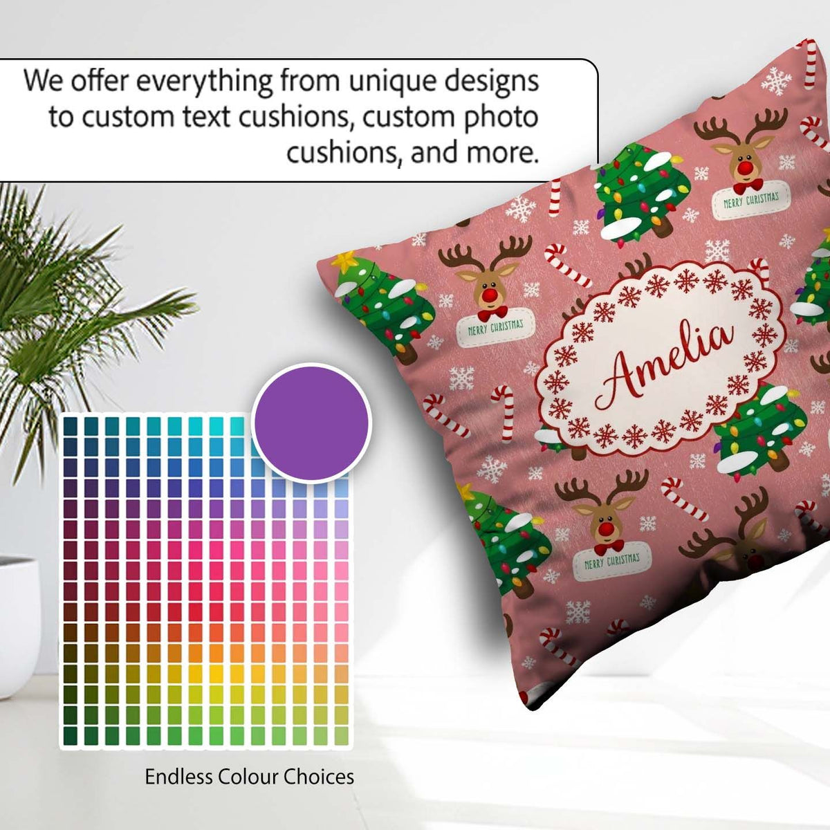 Custom Name Cute Reindeer Tree Candy Cane Merry Holiday Seamless Square Filled Cushion Throw Pillow Sofa Bed Home Decor Zip Washable UK Made