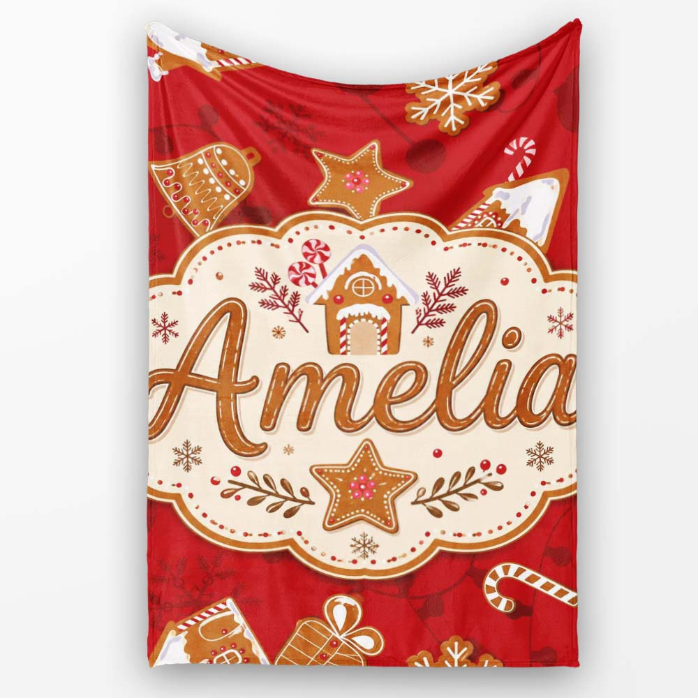 Gingerbread House Candy Cane Cookies Red Festive Seamless Pattern Personalised Custom Name Super Soft Fleece Blanket Bed Sofa Throw