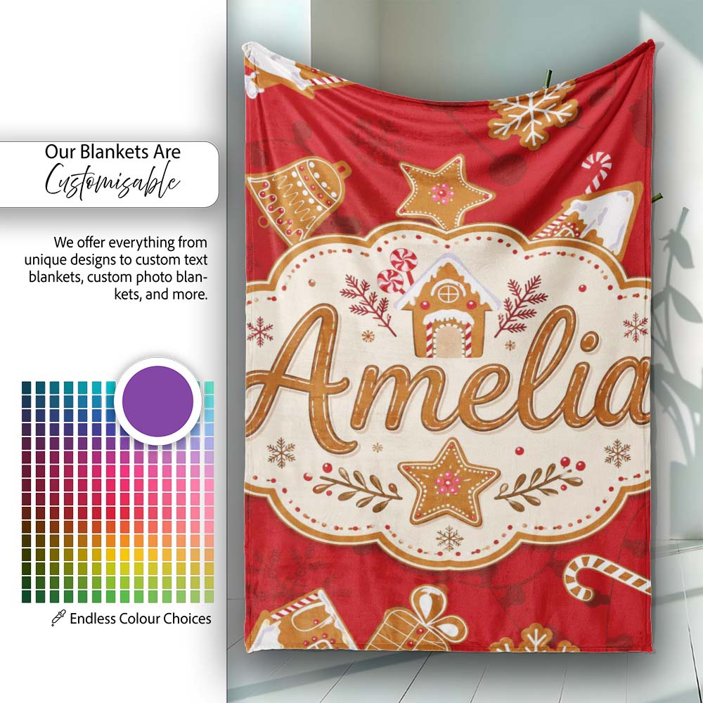 Gingerbread House Candy Cane Cookies Red Festive Seamless Pattern Personalised Custom Name Super Soft Fleece Blanket Bed Sofa Throw