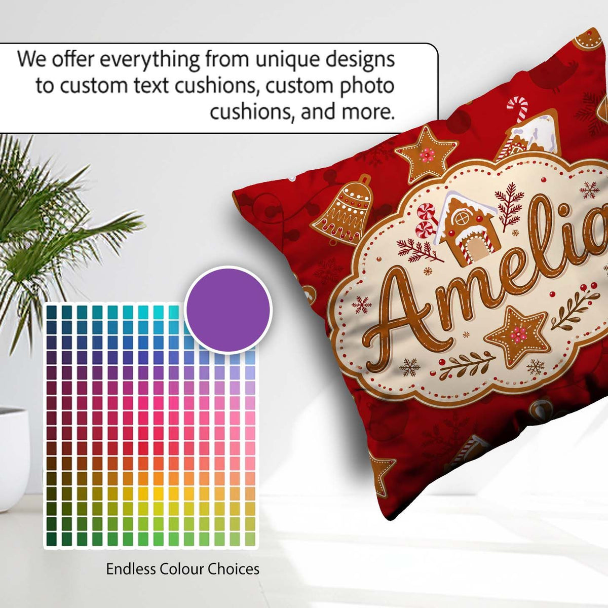 Custom Name Gingerbread House Candy Cookies Red Festive Seamless Square Filled Cushion Throw Pillow Sofa Bed Home Decor Zip Washable UK Made