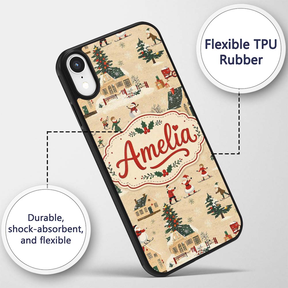 Vintage Winter Village Ice Skating Christmas Custom Name Protective Phone Case Mobile Cover Durable Everyday Smartphone Shock Resistant