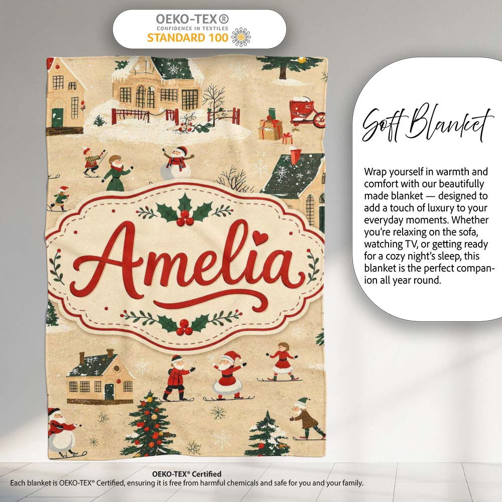 Vintage Winter Village Ice Skating Christmas Scene Seamless Pattern Personalised Custom Name Super Soft Fleece Blanket Bed Sofa Throw