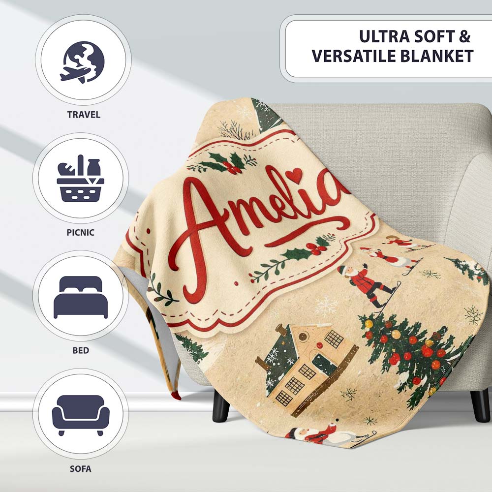 Vintage Winter Village Ice Skating Christmas Scene Seamless Pattern Personalised Custom Name Super Soft Fleece Blanket Bed Sofa Throw