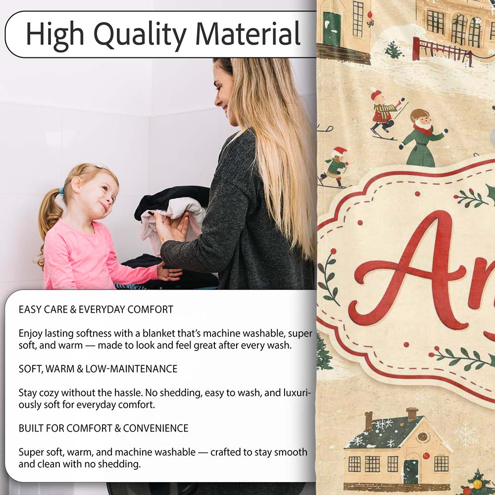 Vintage Winter Village Ice Skating Christmas Scene Seamless Pattern Personalised Custom Name Super Soft Fleece Blanket Bed Sofa Throw