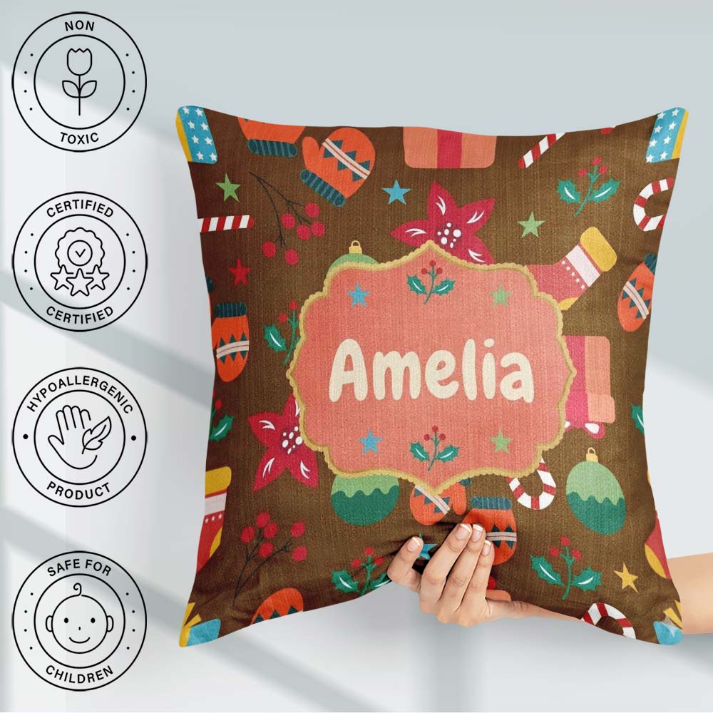Custom Name Christmas Mittens Baubles Candy Cane Floral Seamless Square Filled Cushion Throw Pillow Sofa Bed Home Decor Zip Washable UK Made
