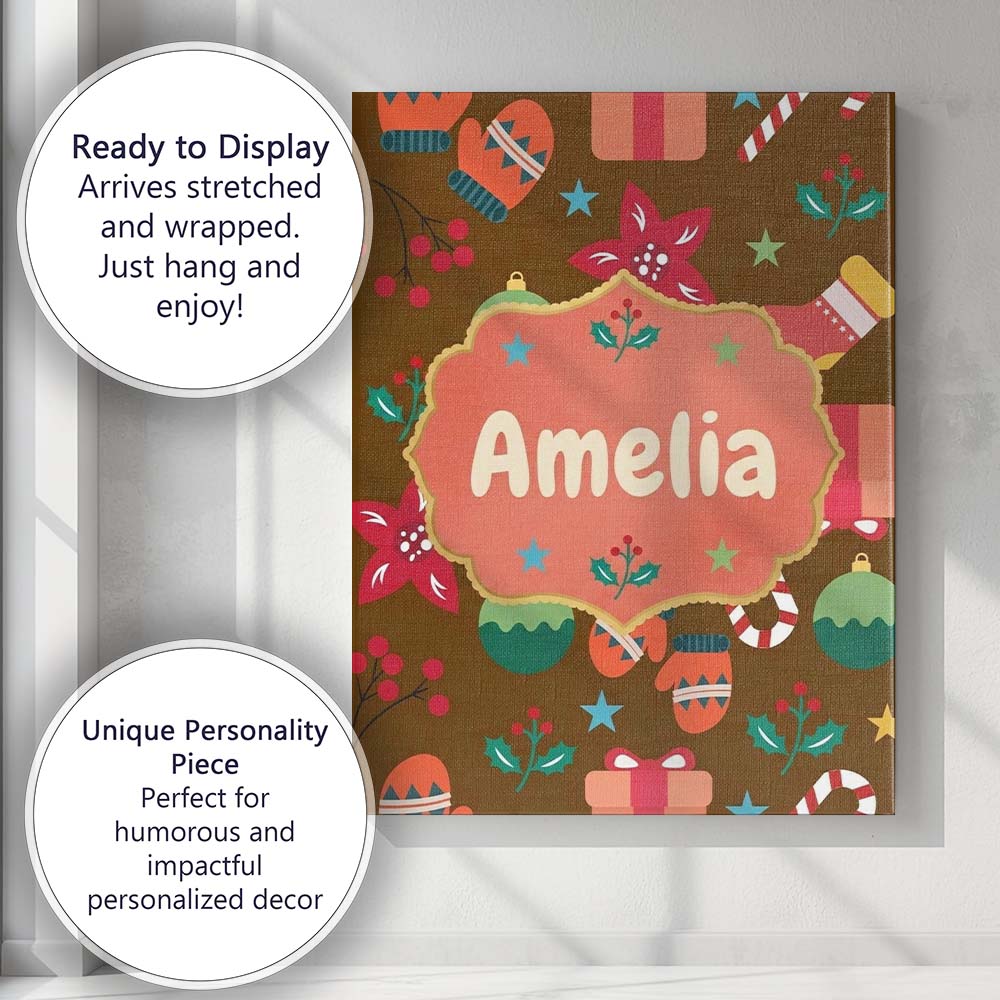 Personalised Name Christmas Mittens Baubles Custom Bespoke Interior Contemporary Canvas Wall Art Print Decor Picture Ready to Hang